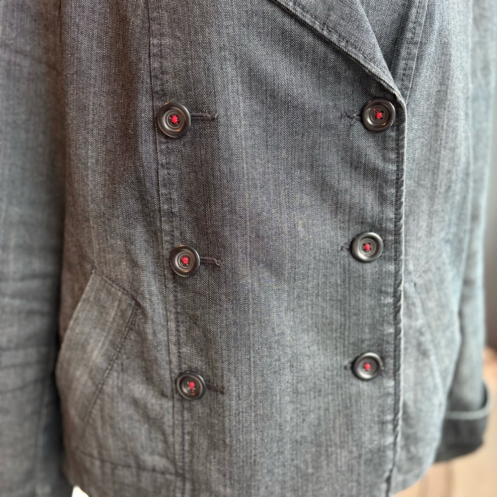 LOFT Vintage Dark Wash Denim Style Double-Breasted Pea Coat with Pockets - Picture 17 of 17